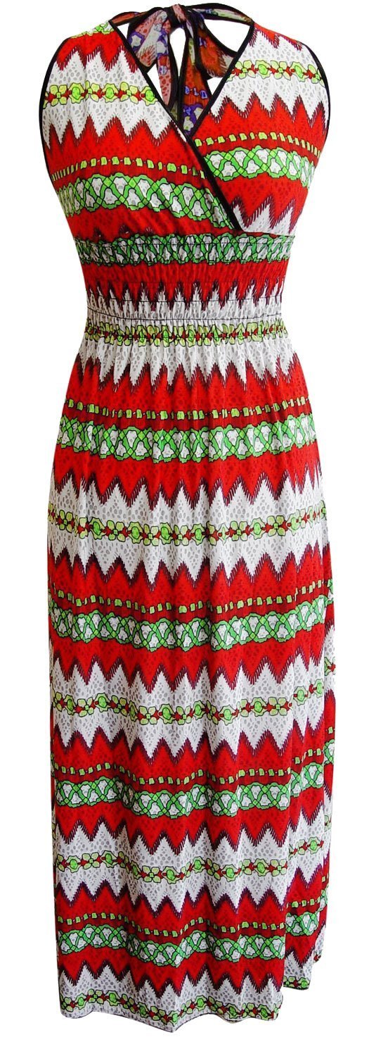 Peach Couture Bohemian Chevron Pattern V Neck Smocked Waist Halter Maxi Dress