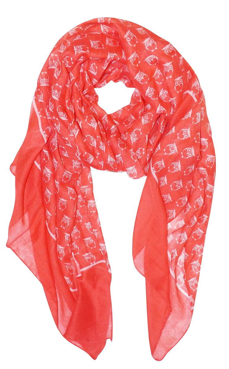 Coral Peach Couture Summer Lightweight Soft Animal Bird Owl Printed Sheer Scarf Shawl