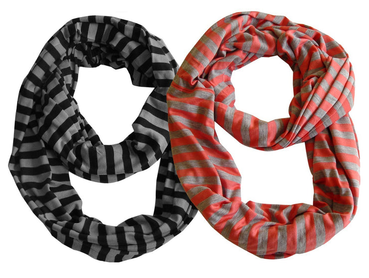 Black Grey and Coral Peach Couture Lightweight 100% Cotton Striped Jersey Infinity Loop Scarf 2 Pack