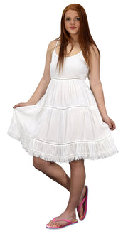 Womens Spaghetti Strap Tiered A Line Dress with Fringed Hem