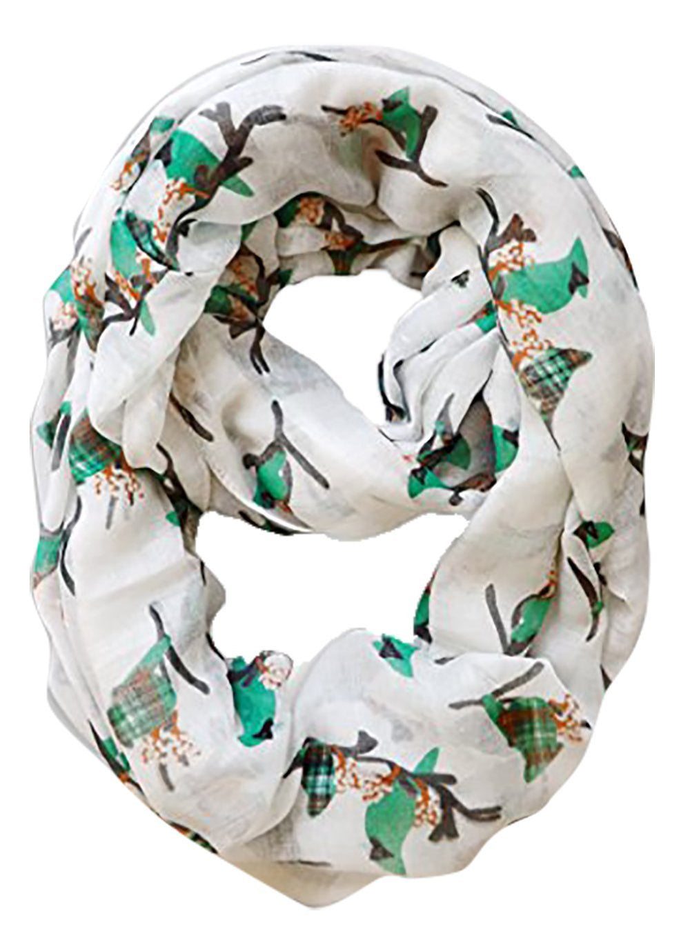 Vintage white and green infinity loop scarf featuring a delicate bird print pattern for women