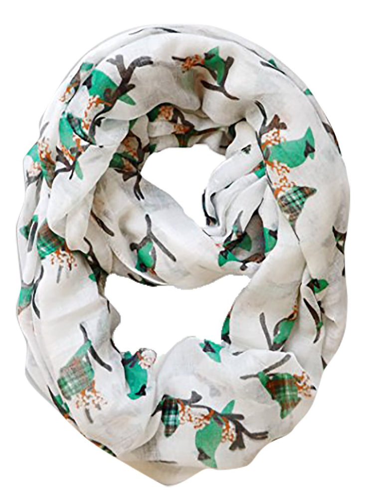White/Green Peach Couture Beautiful Vintage Two Colored Bird Print Infinity Loop Scarf Scarves