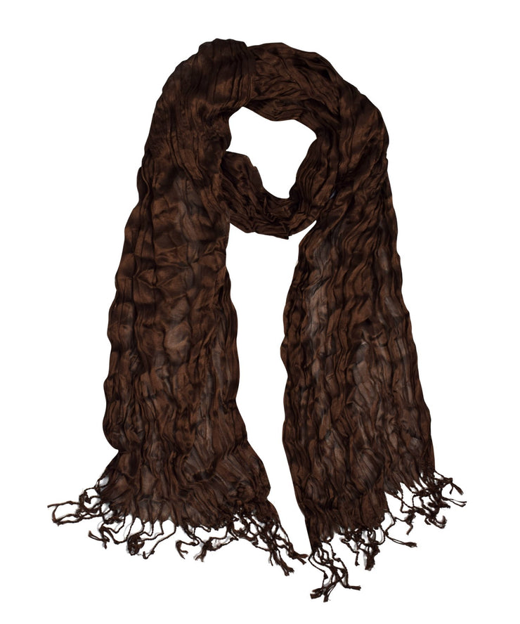 Brown Sheer Solid Color Twisted Crinkle Scarf with Fringes