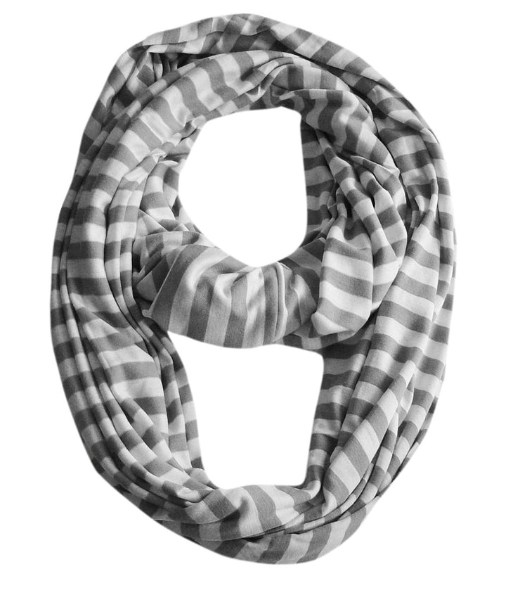 Grey and White Peach Couture Lightweight Pure Cotton Striped Jersey Knit Infinity Loop Scarf
