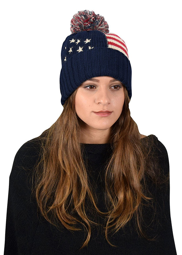 Patriotic American Flag Pom Pom Beanie Thick Warm Hat