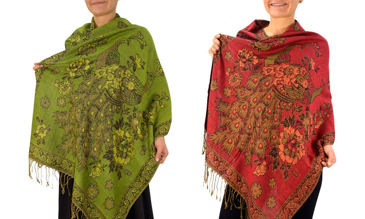 Olive/Red 2 Pack Floral Peacock Reversible Pashmina Wrap Shawl Scarf