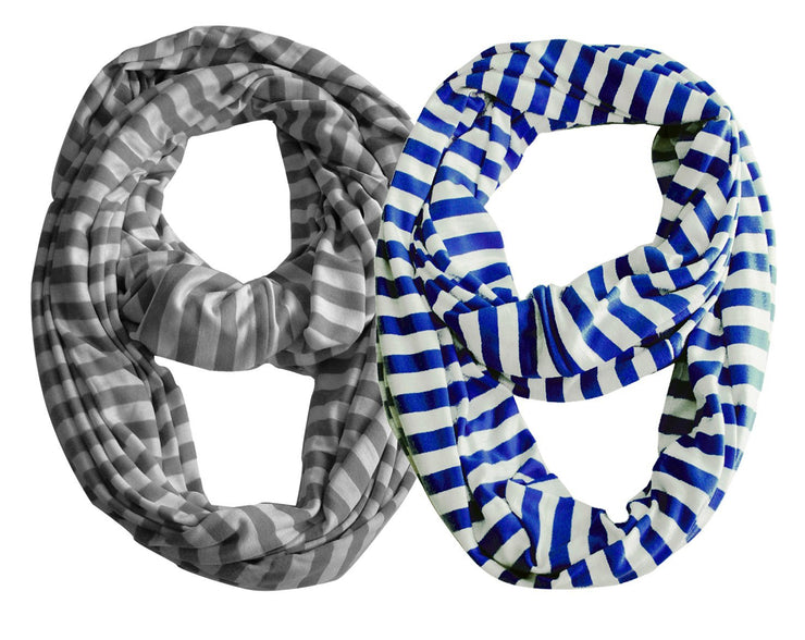 Blue and Grey Peach Couture Lightweight 100% Cotton Striped Jersey Infinity Loop Scarf 2 Pack
