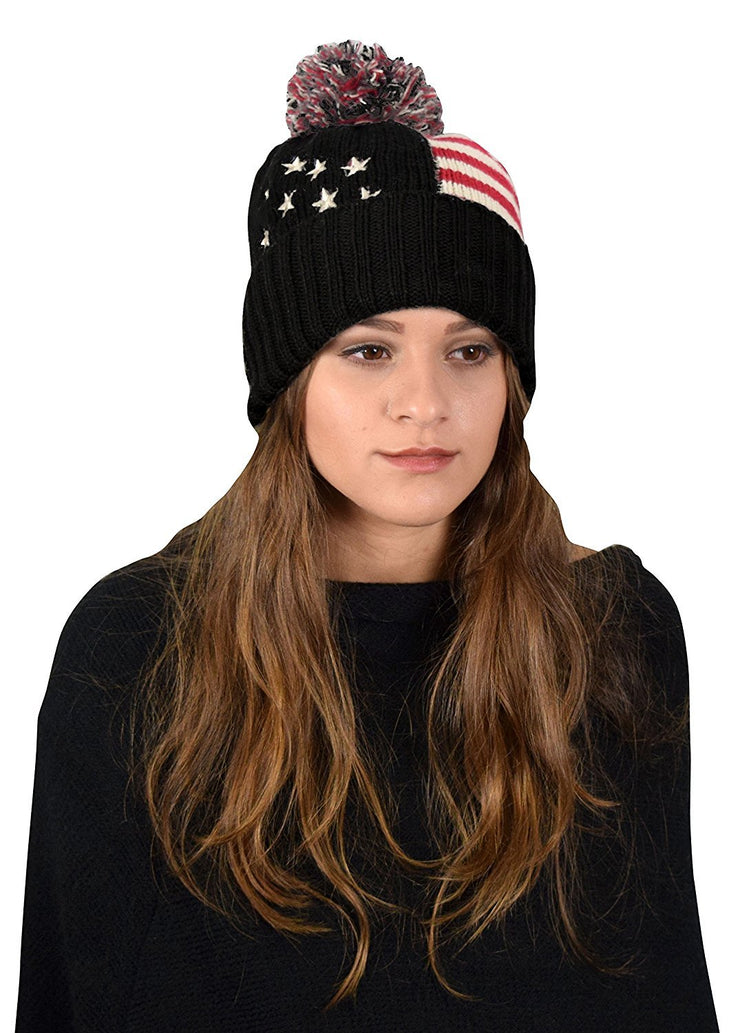 American Flag Pom Pom Hats Beanie Skullies Value Pack Of 2 (Navy Grey)
