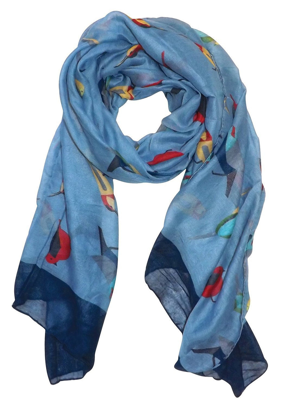 Light blue vintage lightweight scarf featuring a graphic finch bird print pattern for women