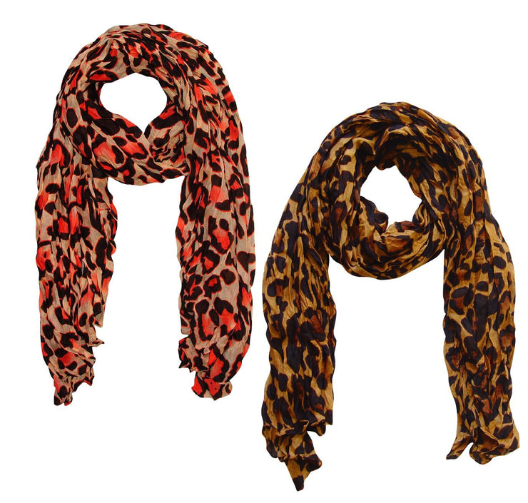 Salmon Brown Peach Couture Trendy Women's Leopard Animal Print Crinkle Scarf wrap