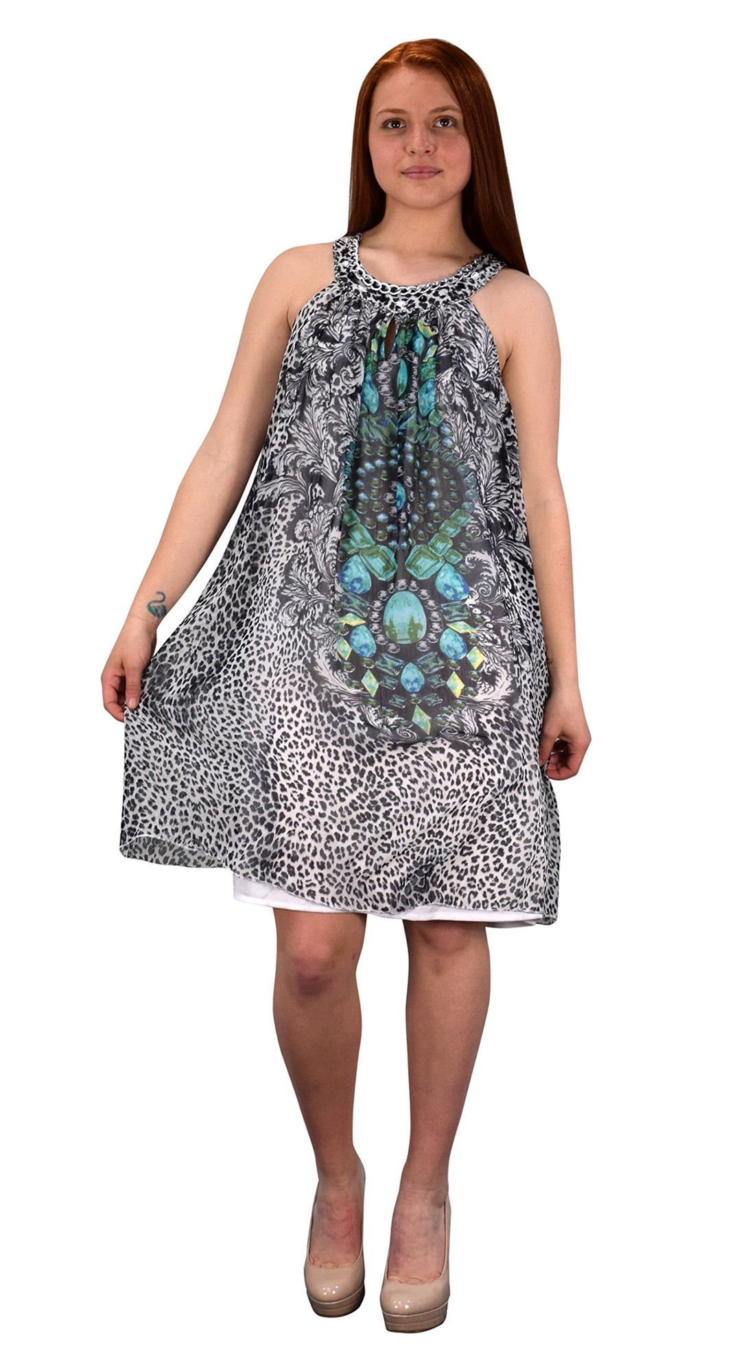 Women's Embellished Boho Neckline Tunic Frock Halter Swing Dress