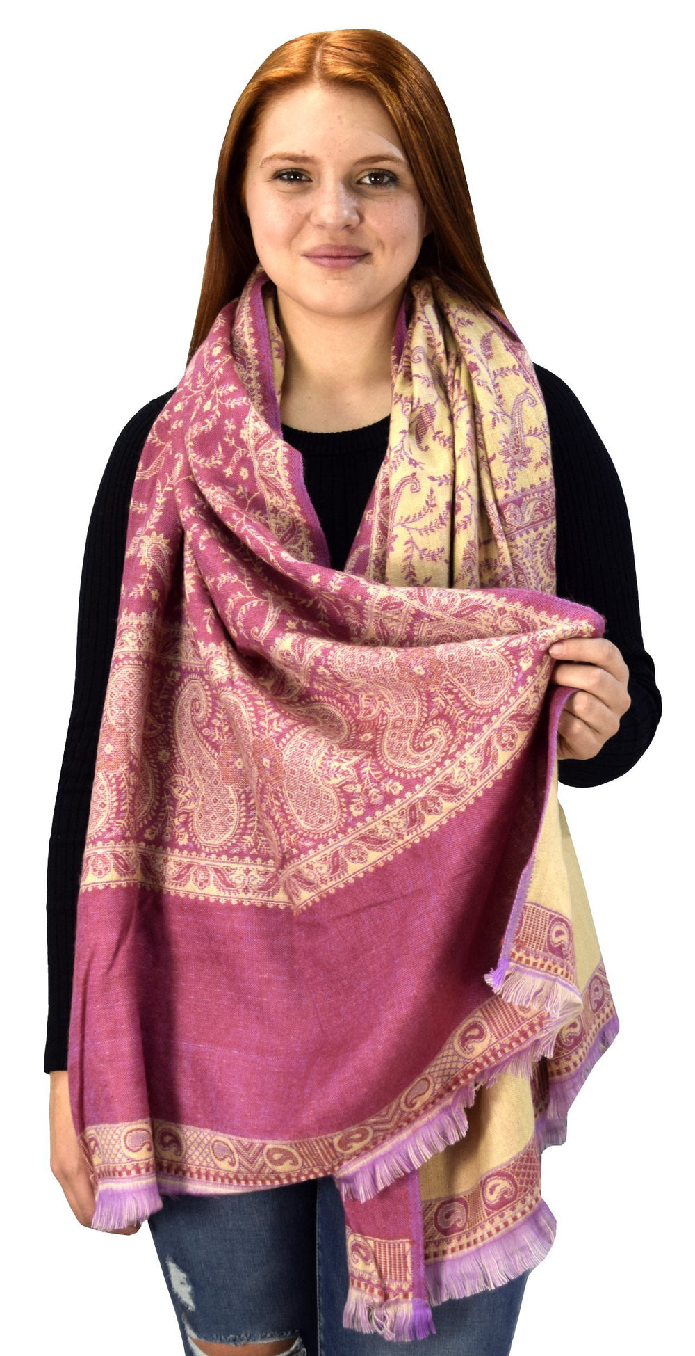 Taupe and purple reversible paisley pashmina shawl with a thick 4-ply weave.