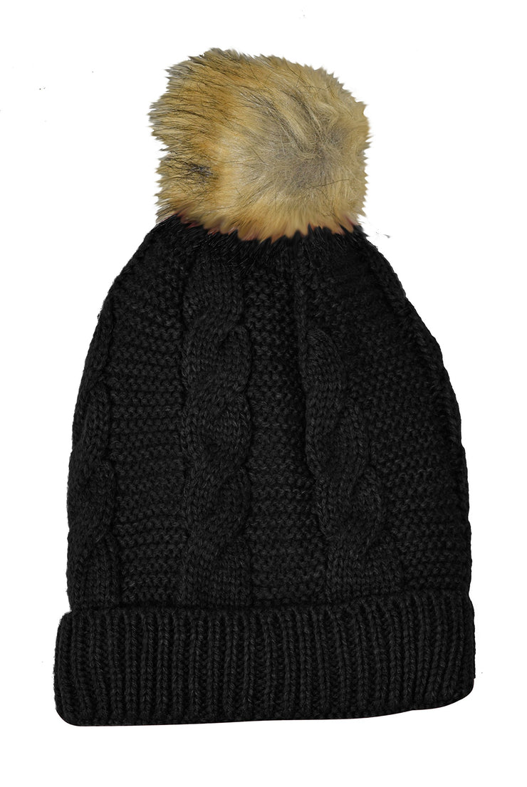 Women's Thick Knit Crochet Folder Over Pom Pom Winter Beanie Hat