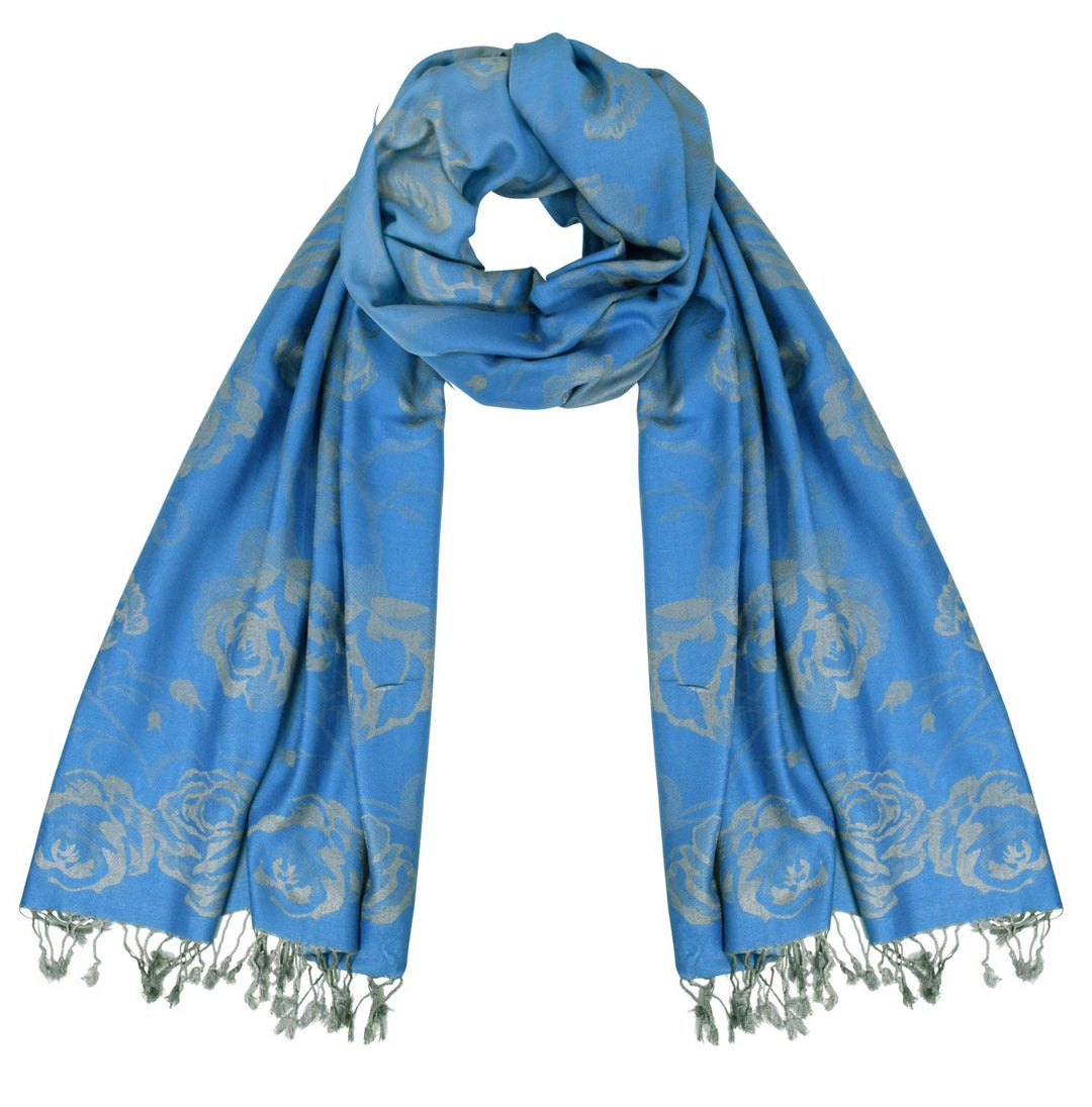 Rose Blue Silver Peach Couture Elegant Floral Pattern Pashmina Wrap Shawl Scarf