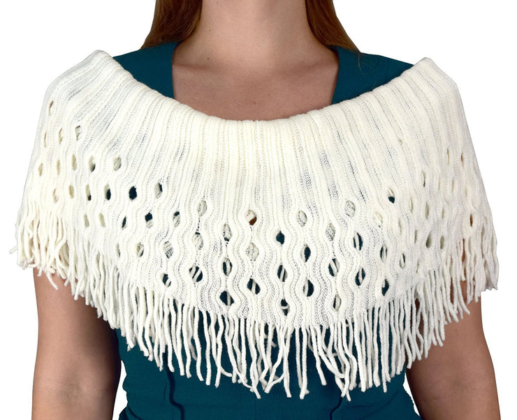 Cream Knit Peach Couture Warm Bohemian Crochet Hand Knitted Fringe Infinity Loop Scarf Wrap