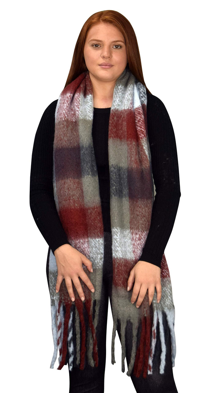 Blue Winter Soft and Warm Casual Knitted Plaid Chunky Wrap Scarf with Tassels