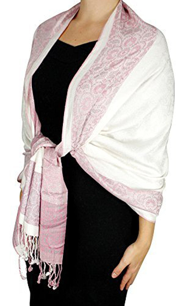 Pink and white reversible pashmina wrap shawl with a detailed paisley floral border design.