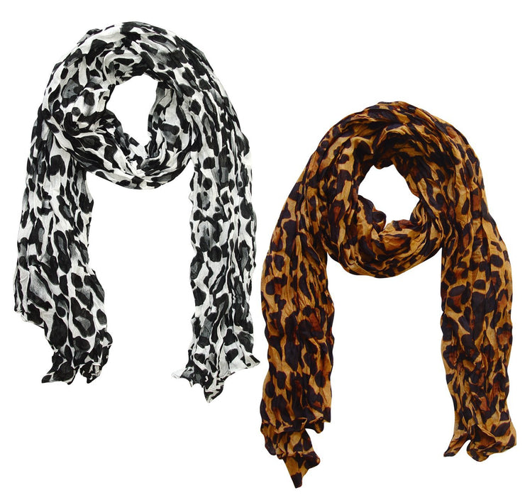 White/Brown Peach Couture Trendy Women's Leopard Animal Print Crinkle Scarf wrap