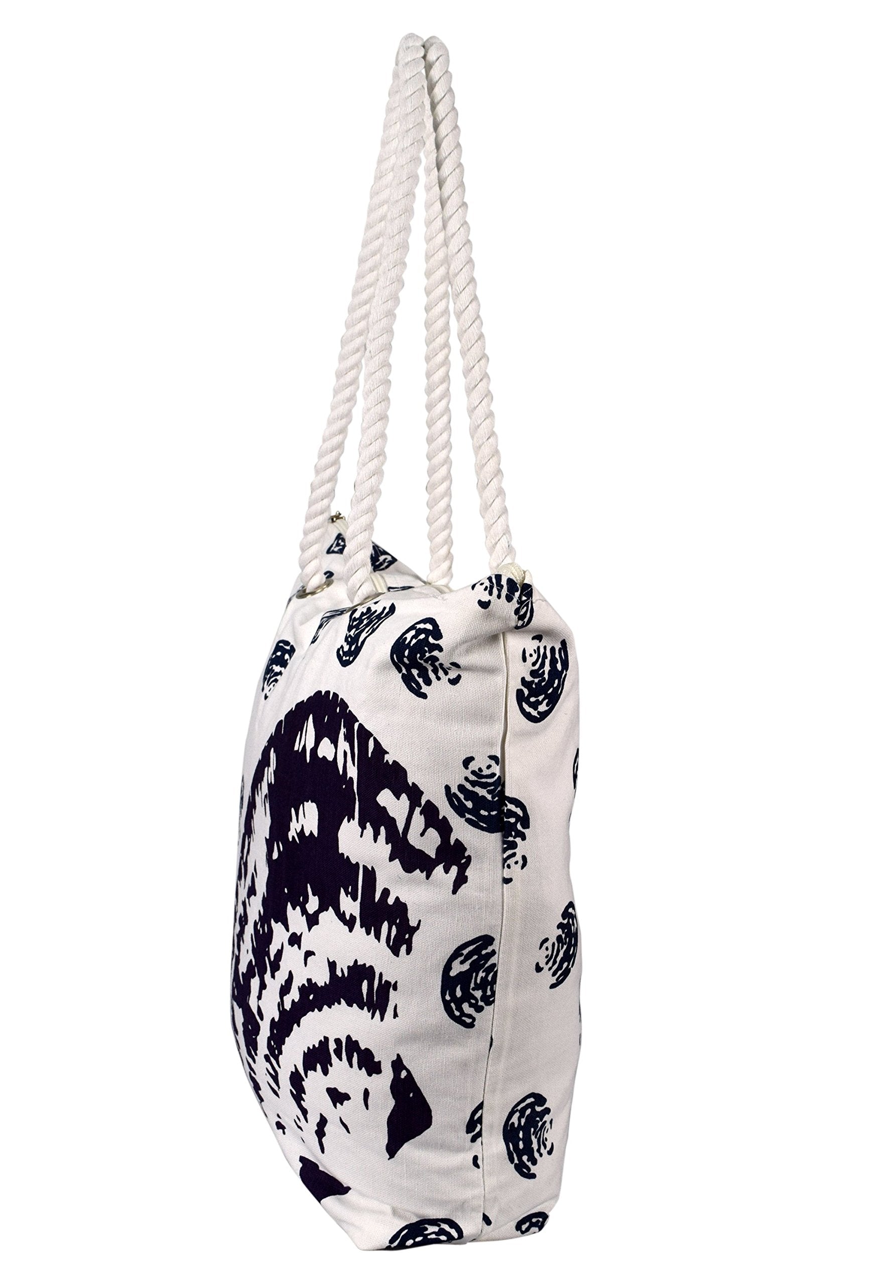 100% Cotton Seashells Print Canvas Classy Beach Tote Handbags