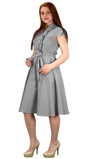 100% Cotton Ruffle Neck Cap Sleeve Mid Length Vintage A-Line Dress