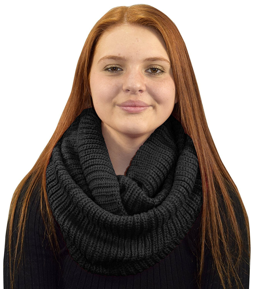 Thick ribbed chunky knit infinity loop scarf in a soft warm texture.