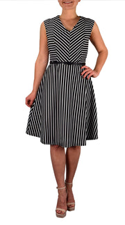 Vintage Inspired Striped Retro A-Line Cocktail Dress with Belt Tie