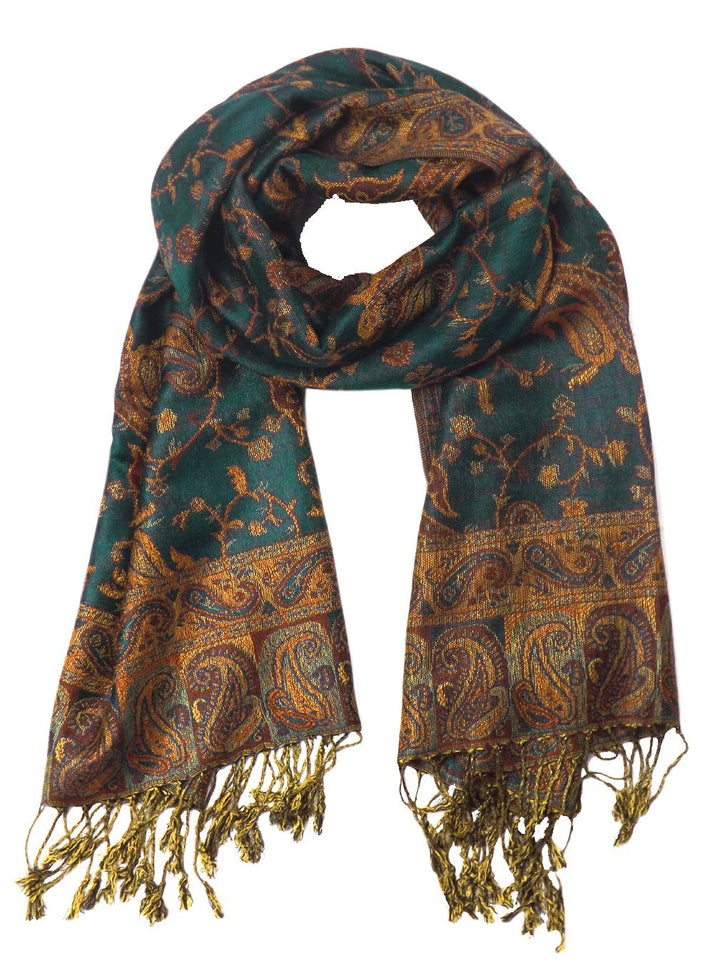 Reversible paisley pashmina shawl in green and gold featuring an intricate jacquard pattern and fringed edges.