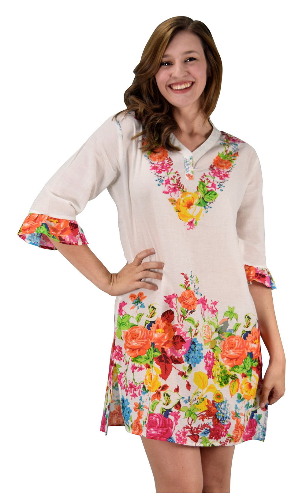 Red orange petite cotton tunic beachwear coverup featuring vintage floral embroidery.
