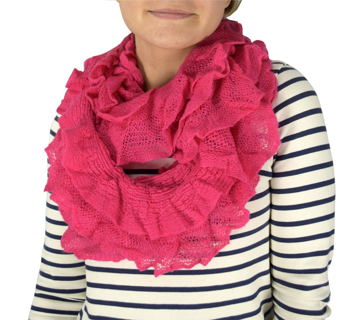 Fuchsia Peach Couture Trendy and Chic Ruffle Edge Thick Knitted Circle Infinity Loop Scarf