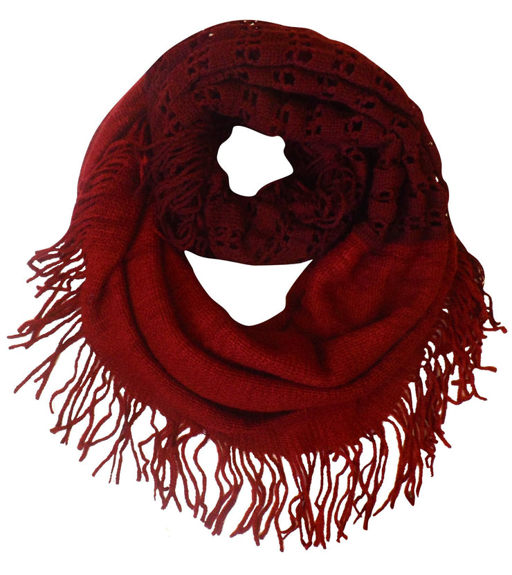 Maroon Square Peach Couture Warm Bohemian Crochet Hand Knitted Fringe Infinity Loop Scarf Wrap