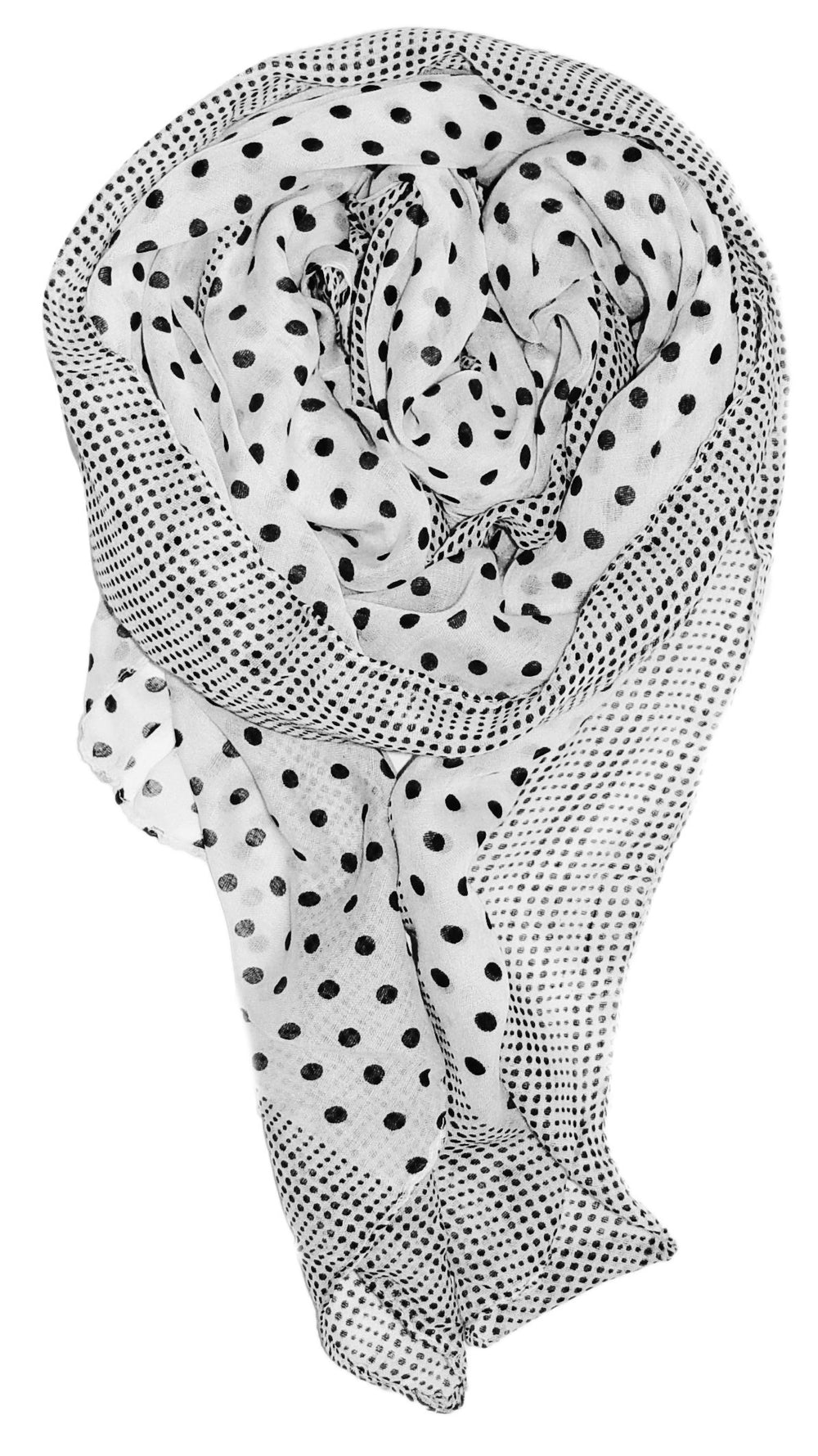 Elegant white and black polka dot sheer scarf for women, lightweight and stylish accessory.