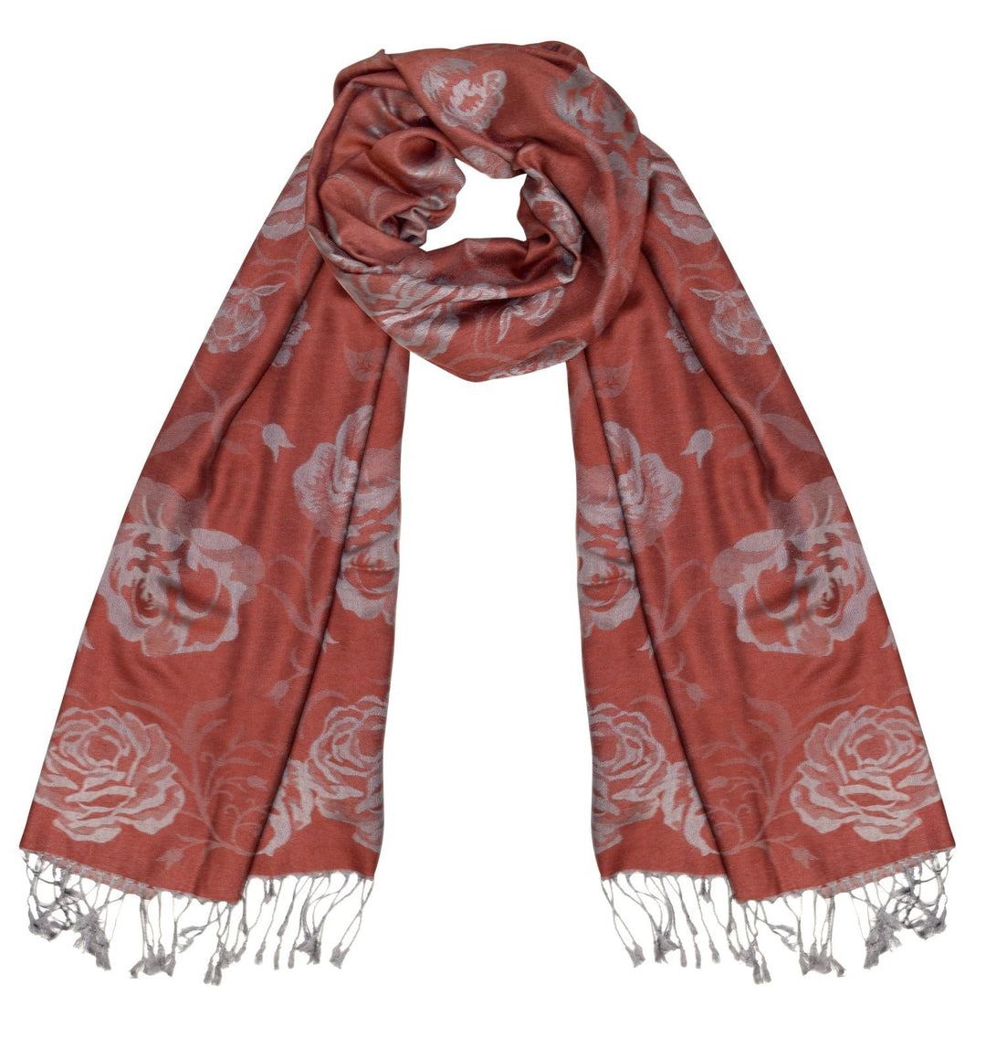 Rose Orange Silver Peach Couture Elegant Floral Pattern Pashmina Wrap Shawl Scarf