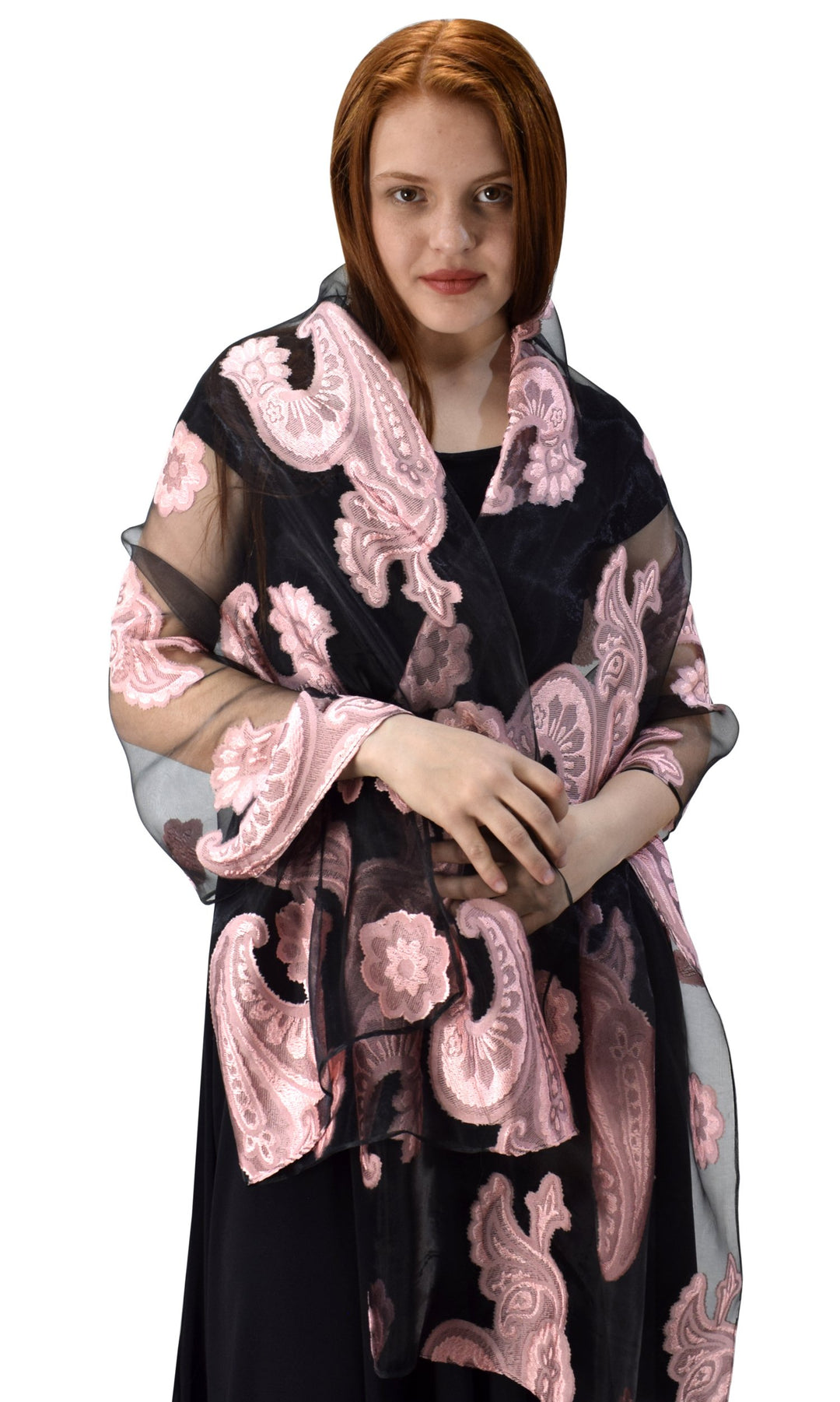 Black & Pink Sheer Embroidered Paisley Burnout Scarf