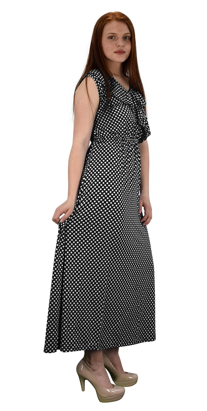 Polka Dot Ruffled V Neck Sleeveless Empire Waist Summer Maxi Dress