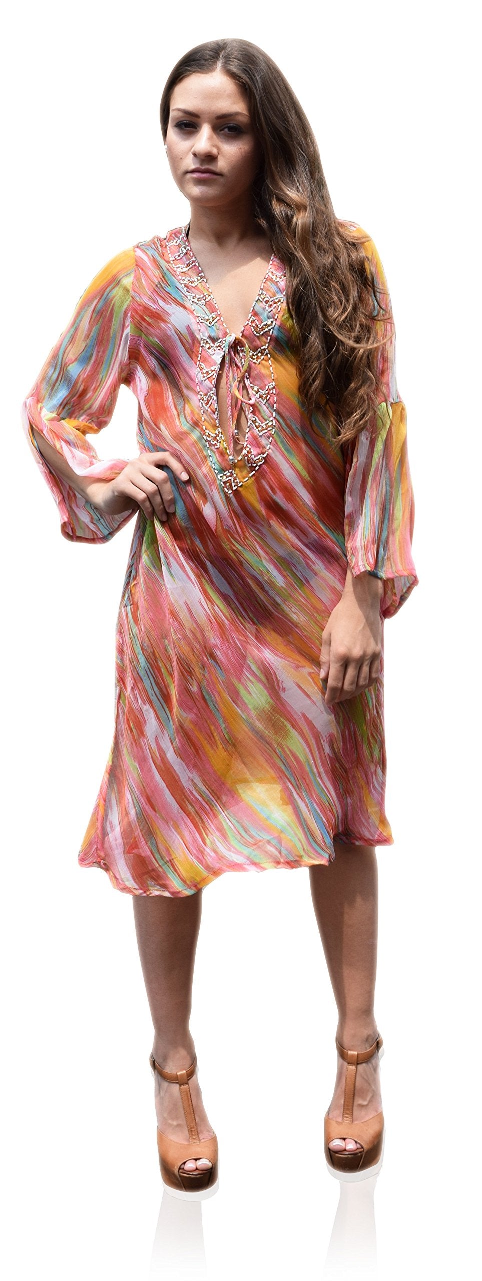Peach Couture Sheer Multi Print Drape Bathing Suit Cover Up Tunic Top Swim Dress