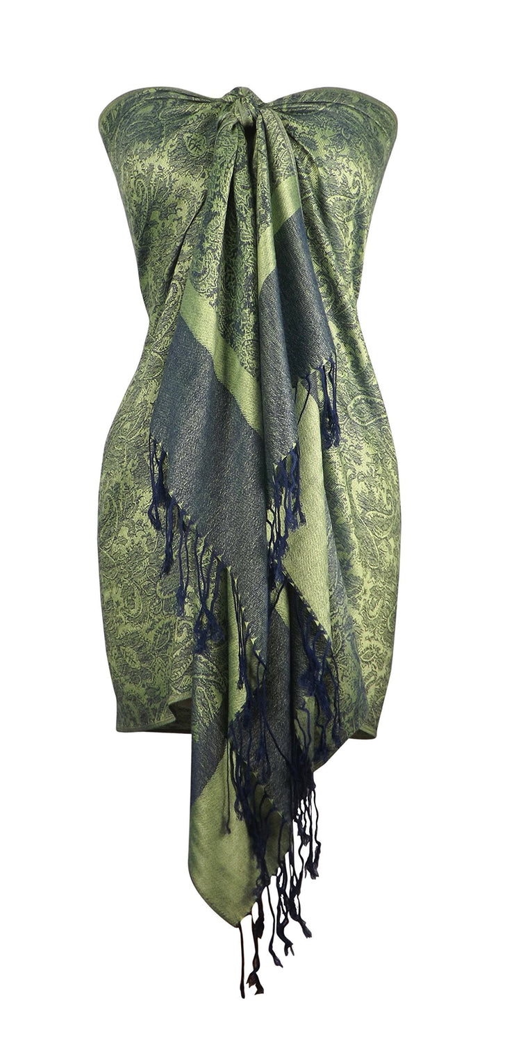 Green and Navy Peach Couture Elegant Vintage Two Color Jacquard Paisley Pashmina Shawl Wrap