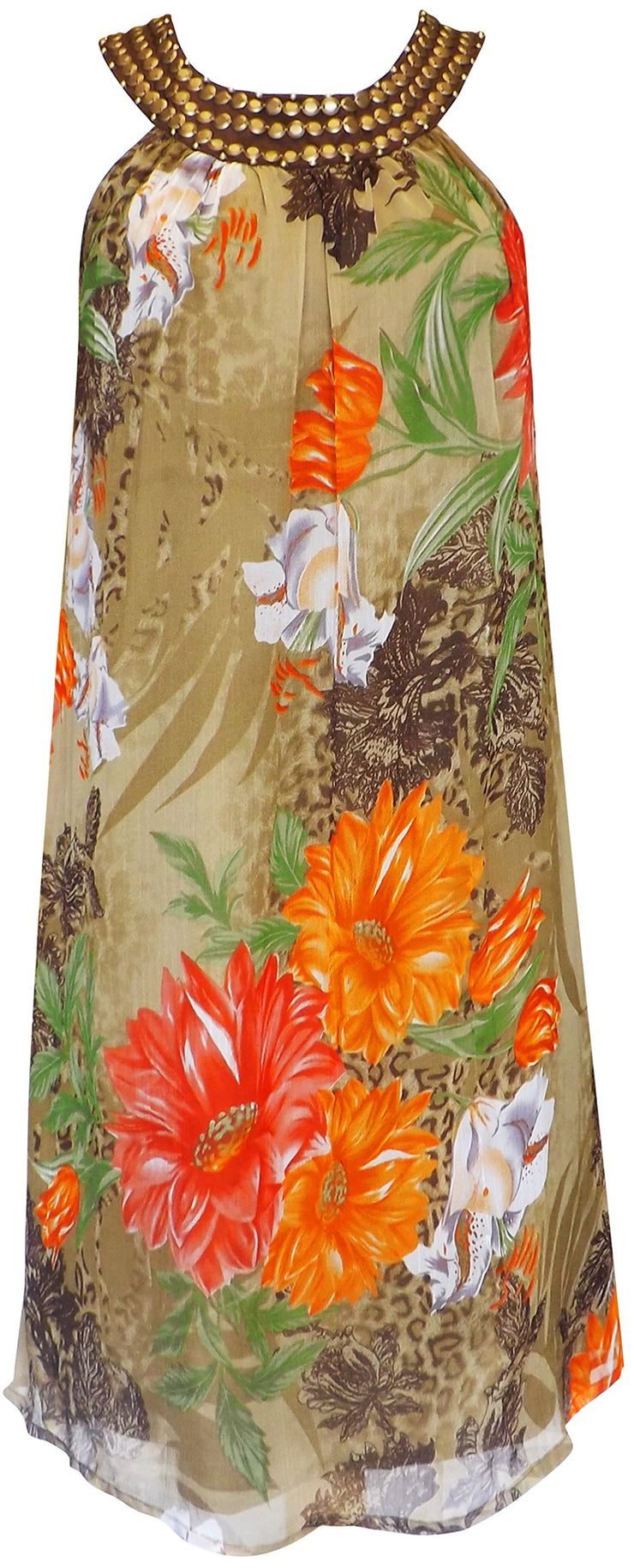 Floral Frock Midi Dress Embellished Tunic Neckline (Large, Olive Green)