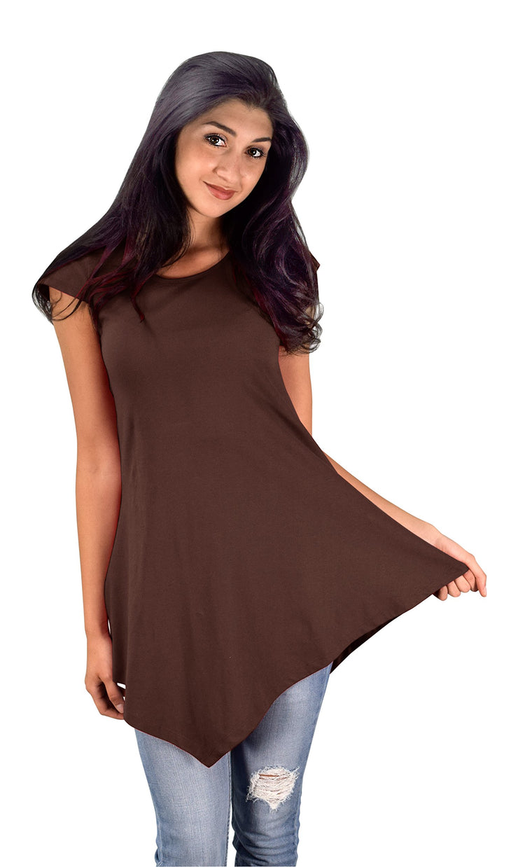 Womens Pure Cotton Summer Tank Top Tunic Handkerchief Hem Shirt (Medium, Brown)