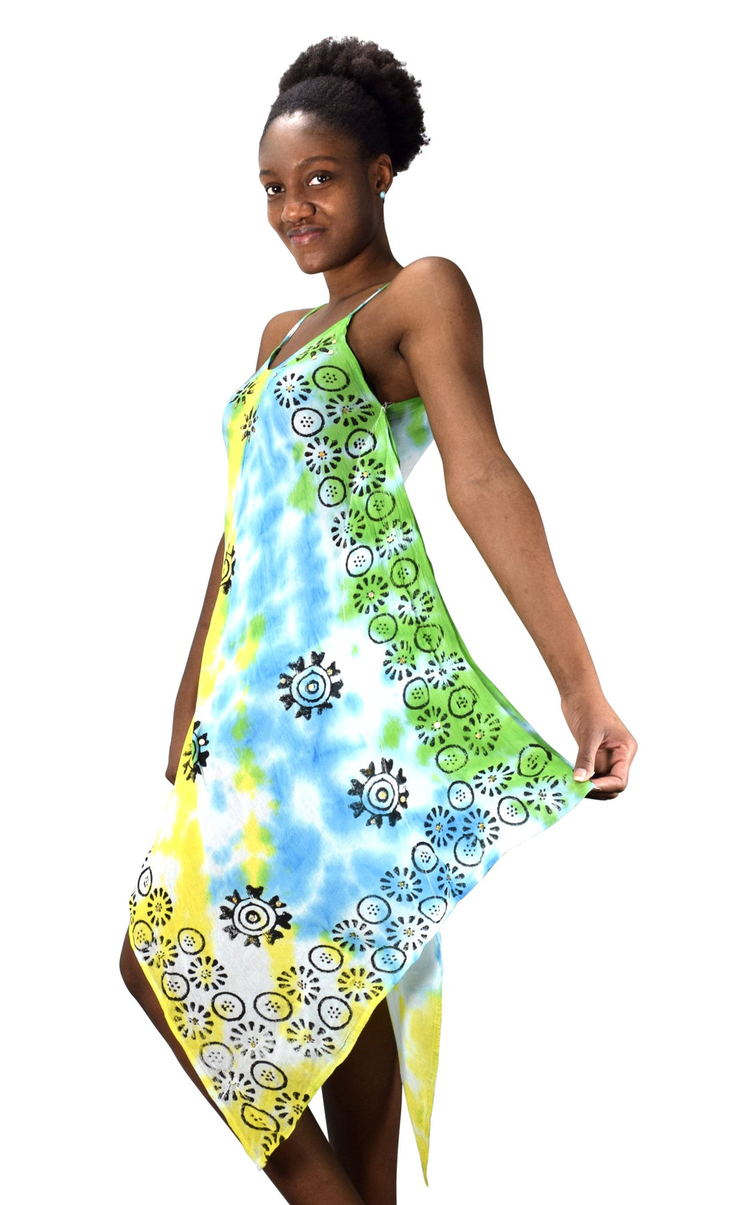 Floral Tie Dye Handkercheif Hem Sleeveless Summer Dress Cover up