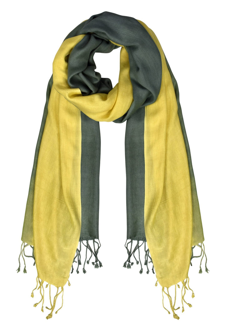 Vibrant lemon and lime tie-dye pashmina shawl with soft fringe detail and a lightweight finish