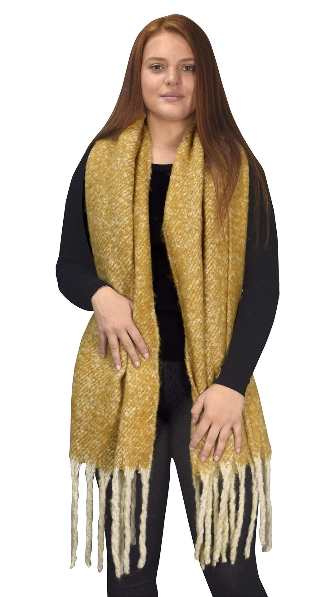 Mustard Winter Soft and Warm Cashmere Feel Tasseled Knitted Chunky Wrap Scarf