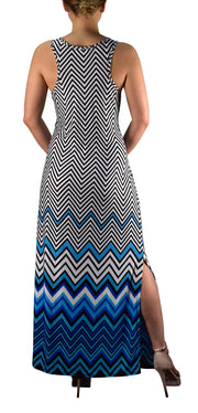 Womens Boho Maxi Striped Chevron Print Scoop Neck Tank Dress (Blue, Large)