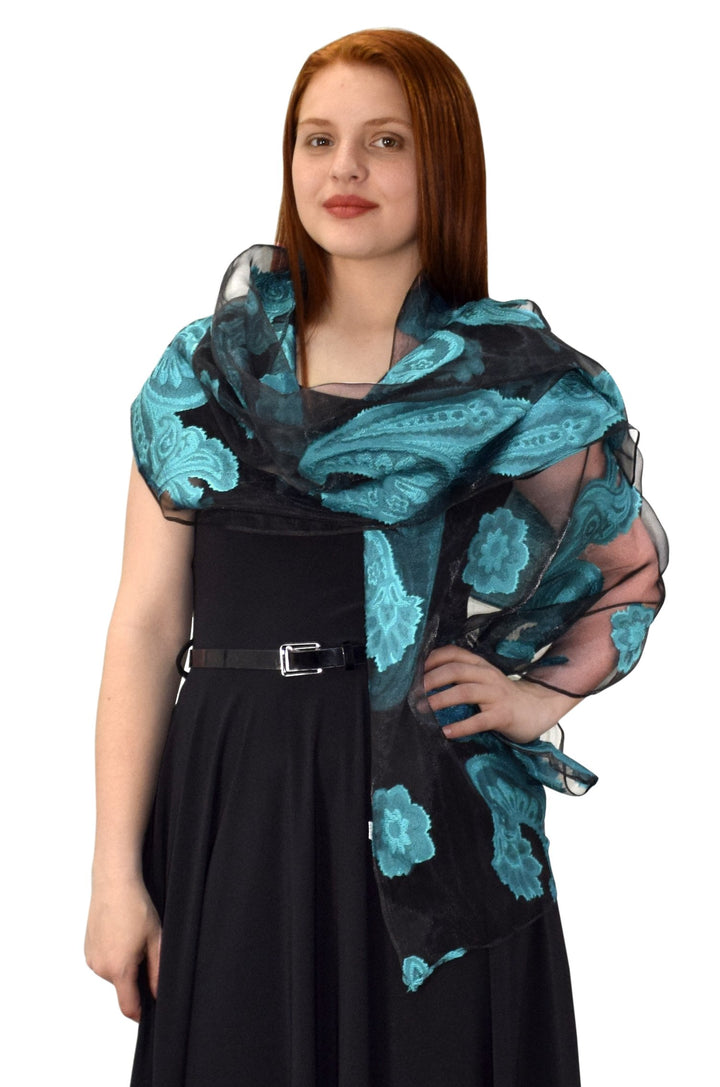 Black & Teal Sheer Embroidered Paisley Burnout Scarf