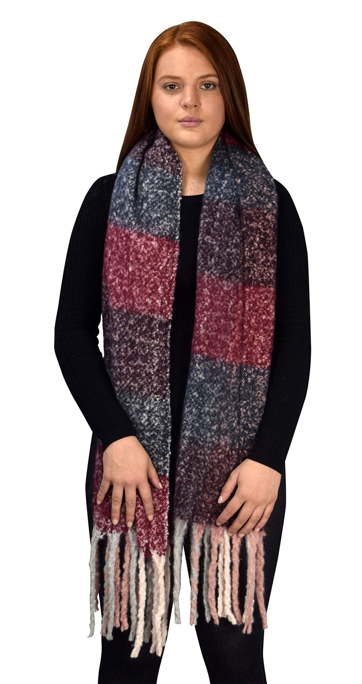 Winter Soft and Warm Casual Knitted Plaid Chunky Wrap Scarf with Tassels Maroon