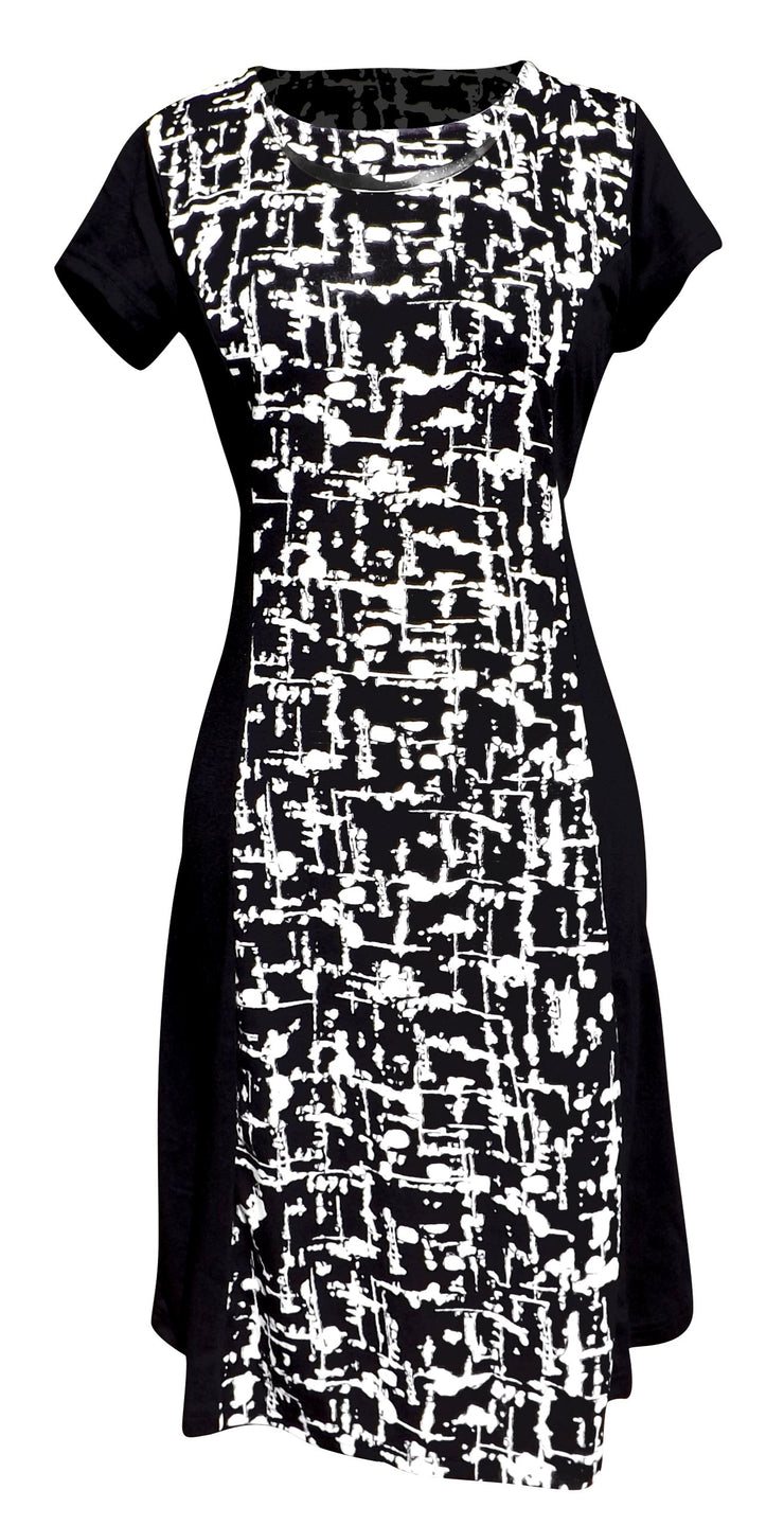 Peach Couture Elegant Black and Multi Print Short Sleeve Loose Mini Shift Dress