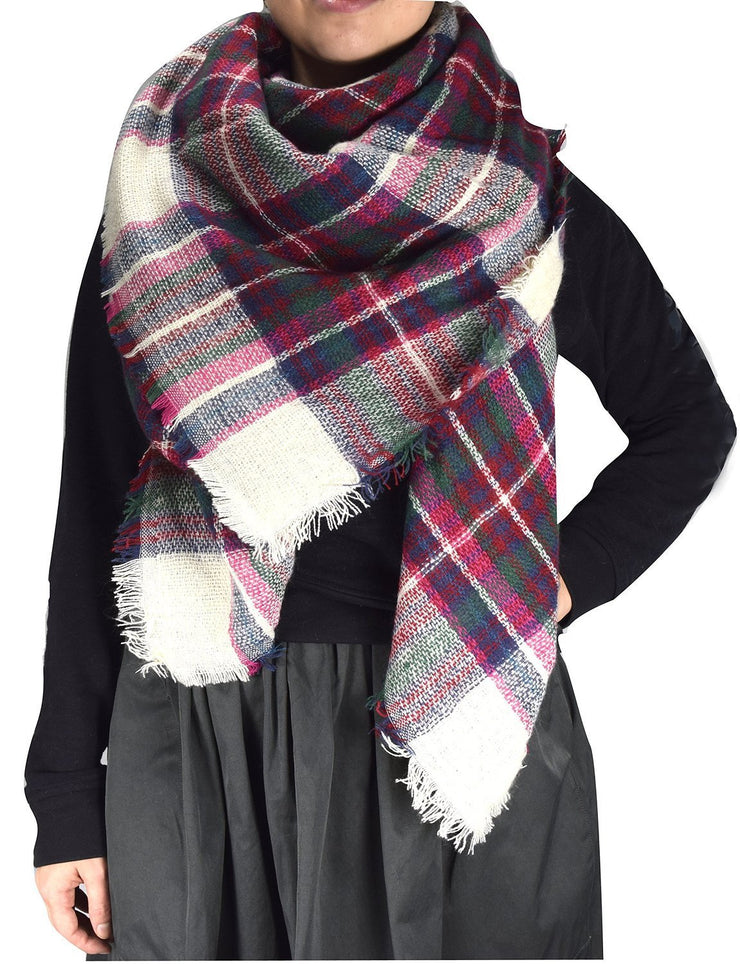 Cozy Plaid Patterned Oversized Fall or Winter Blanket Scarf Wrap White &Fuchsia