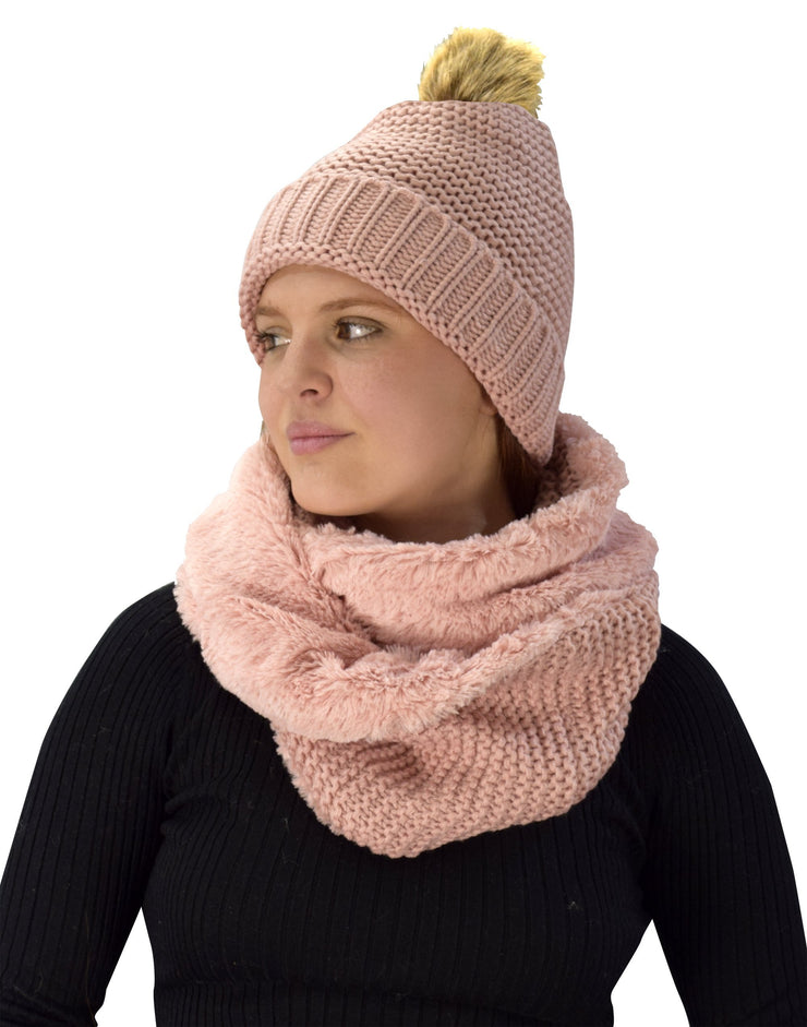 Pink 90 Peach Couture Thick Crochet Weave Beanie Hat Plush Infinity Loop Scarf 2 Pack
