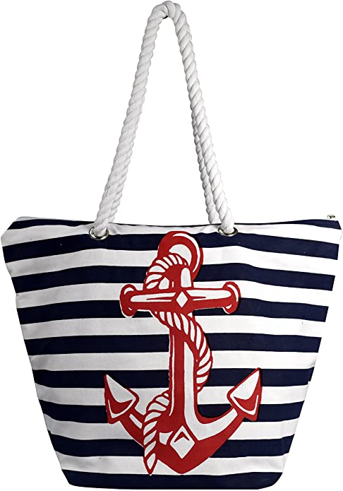 Nautical Print 100% Cotton Canvas Beach Pool Bag Summer Picnic Totes - Navy Anchor