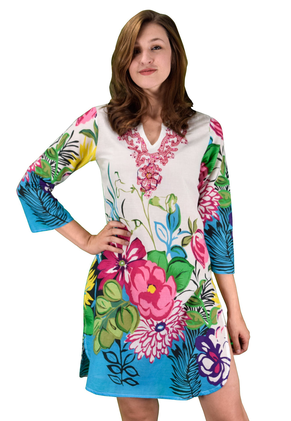 Fuchsia pink boho cotton floral embroidered cover-up beachwear tunic with sequin details.