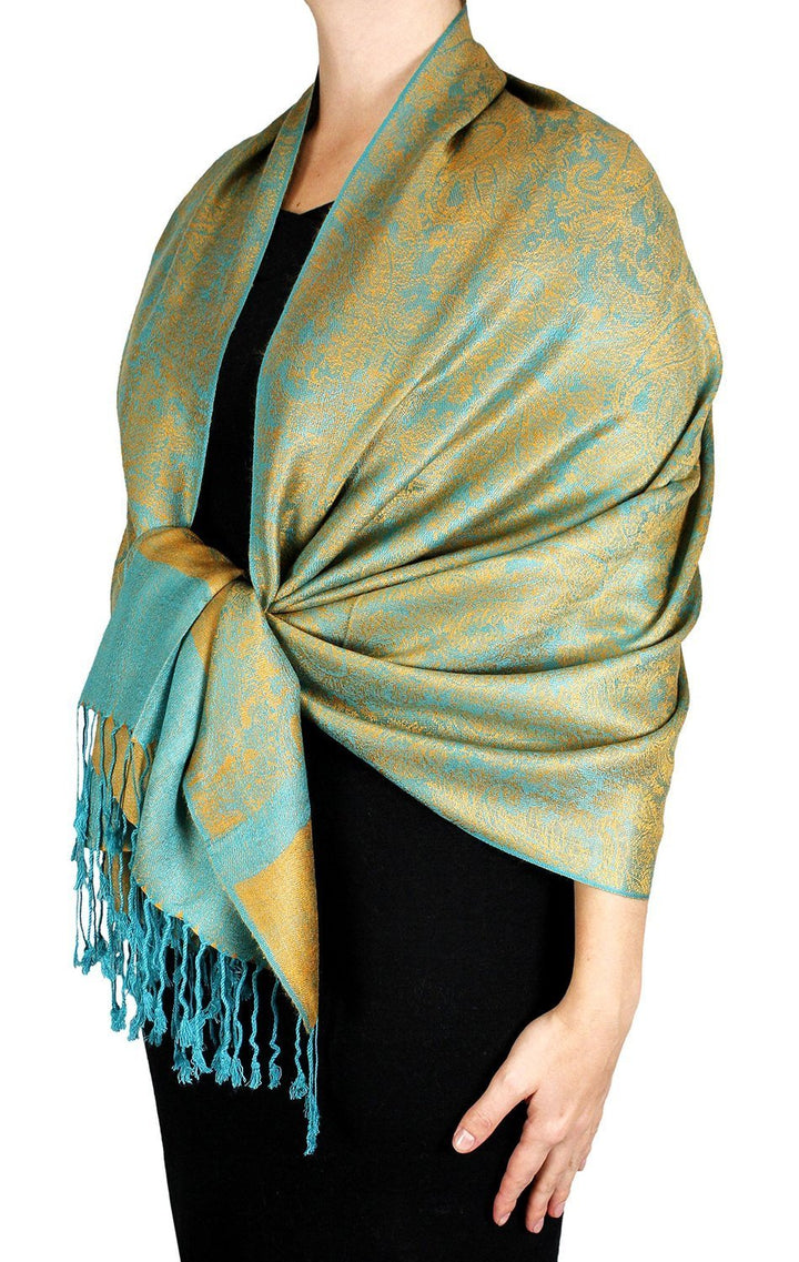 Elegant teal and gold vintage jacquard paisley pashmina shawl wrap scarf.